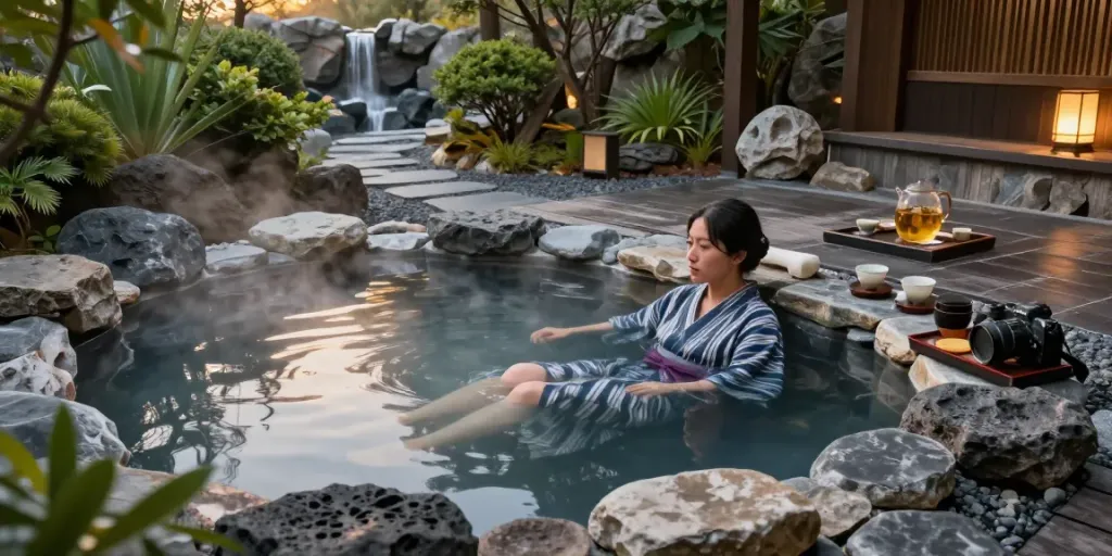 Relaxing in the volcanic mineral water of rokok88 slot login onsen, enriched with natural elements in a tranquil setting.