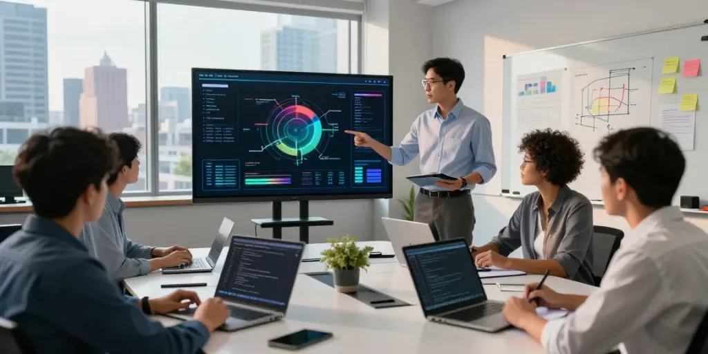 Diverse team discussing Enterprise AI development in a modern lab, showcasing data models and analytics.
