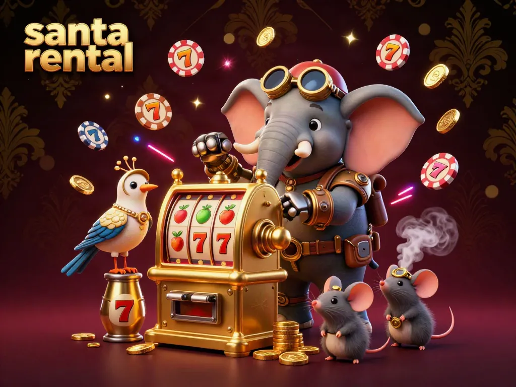 Engage with a vibrant casino scene showcasing a steampunk elephant engineer at a slot machine, promoting santa rental.