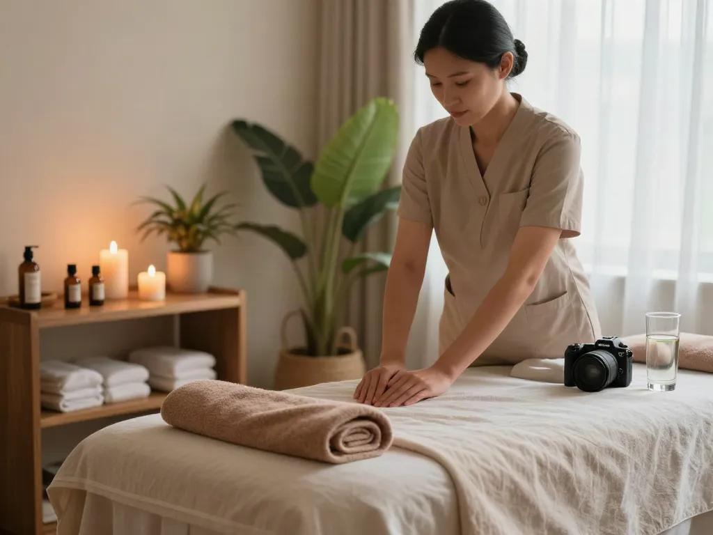 브라보출장 massage therapy room with calming ambiance and relaxation elements.