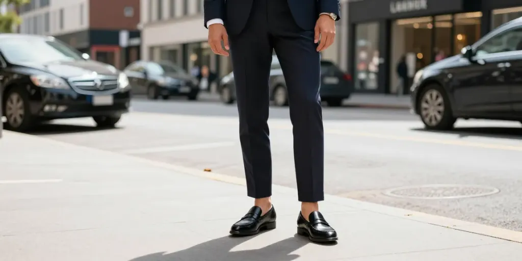 Men's black loafers elegantly displayed in a stylish urban setting, showcasing modern fashion.