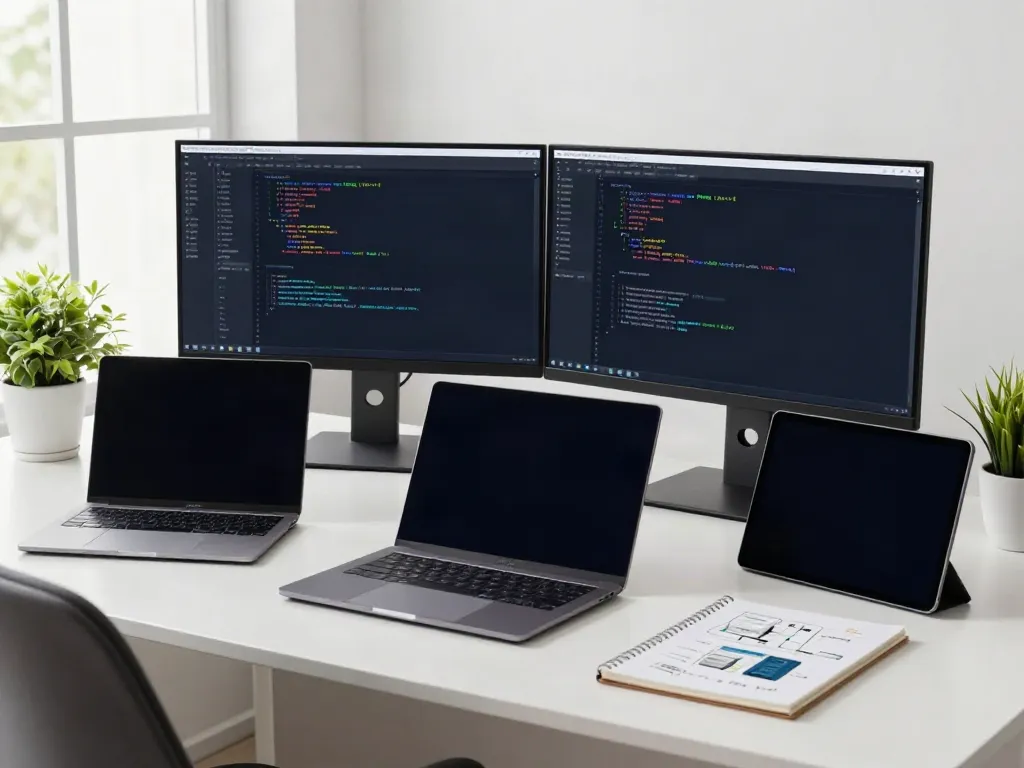 Developer coding on dual monitors in a bright office workspace for v2rayN官网.