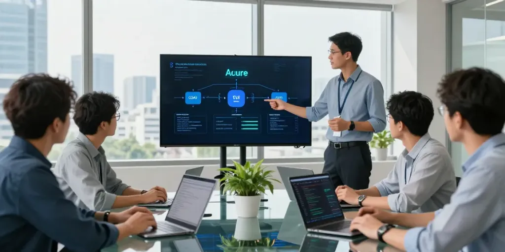 Engineers collaborating on Azure managed cloud services strategies in a modern office.