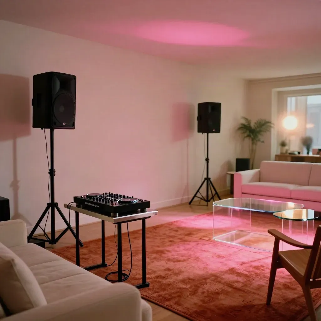 Living room DJ setup with speakers, uplights, mixer table, and open dance floor