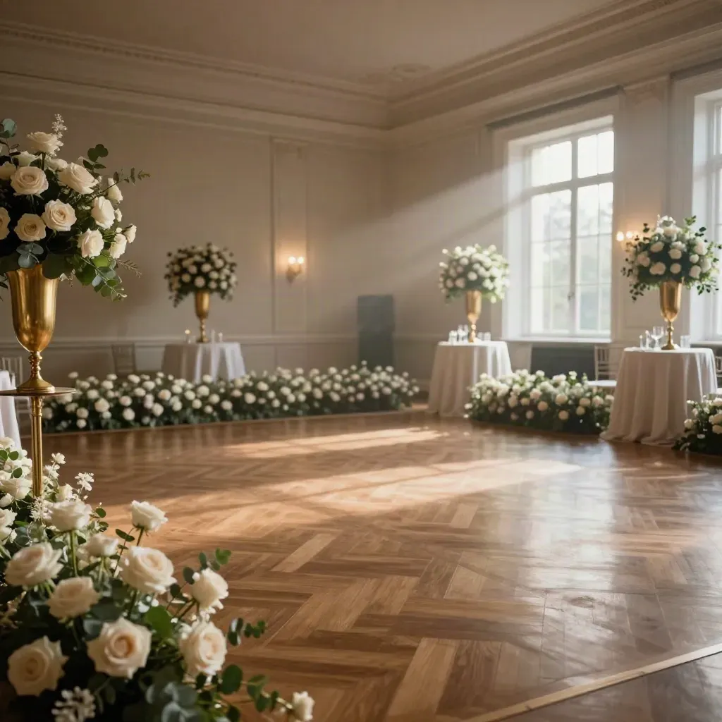 Empty wedding ballroom glowing with lit dance floor, flowers, and warm beams.