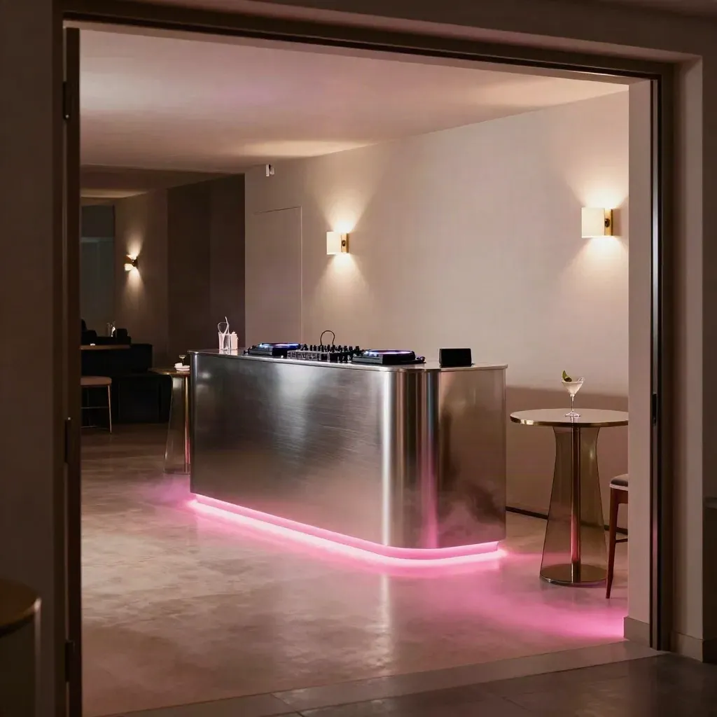 Empty launch venue turned after-party with glowing DJ booth, uplights, and reflective floor.
