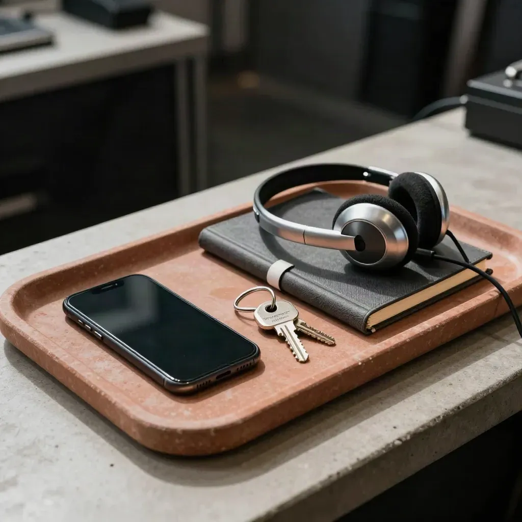 Phone, keys, headset and closed appointment book on a terracotta stone tray.
