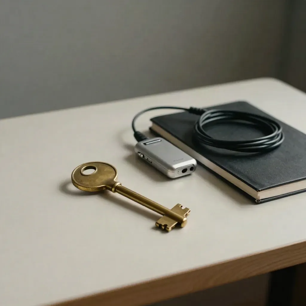 Brass room key, black notebook, wireless receiver and cable on pale wood.