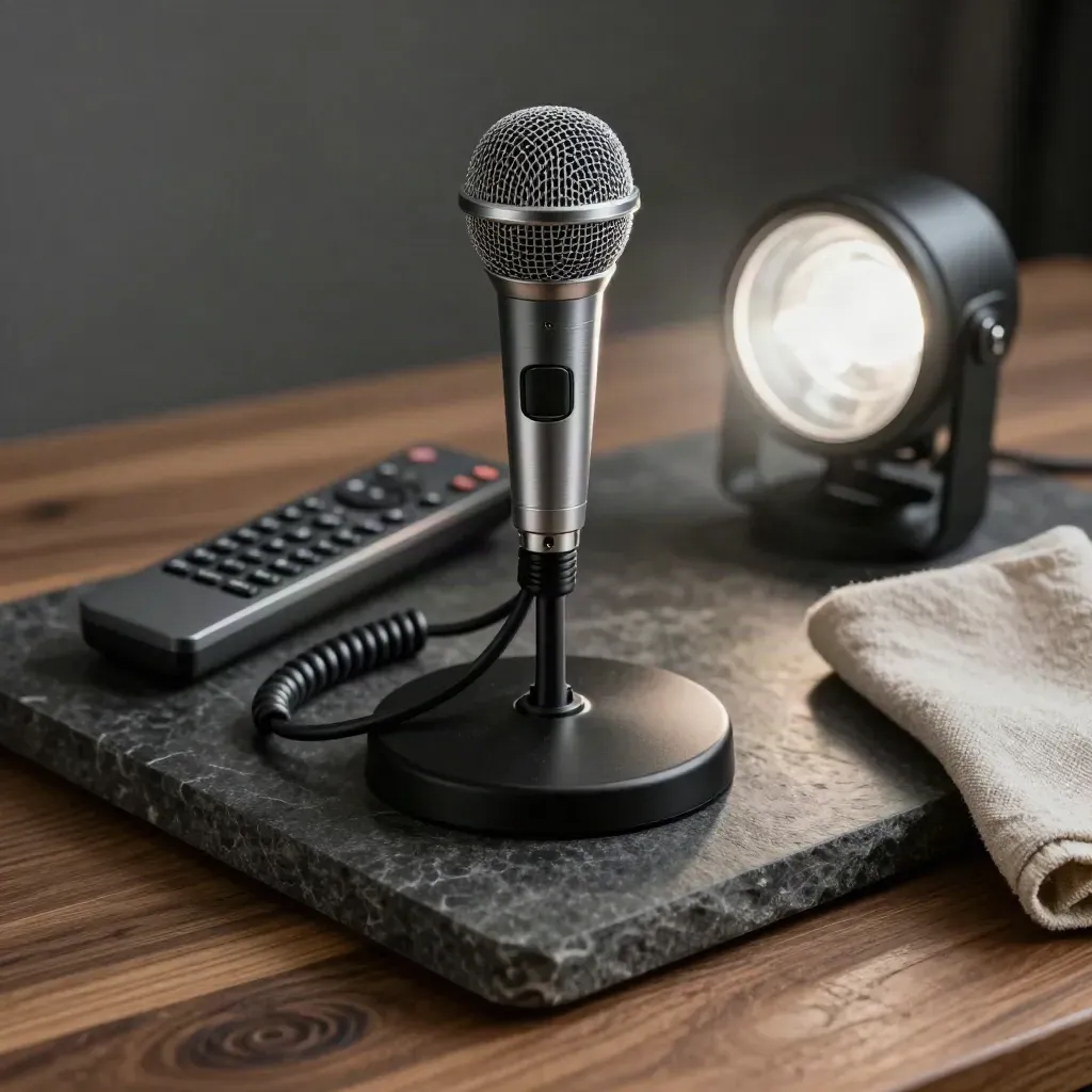 Microphone stand base, cable, remote, and uplight on stone tray