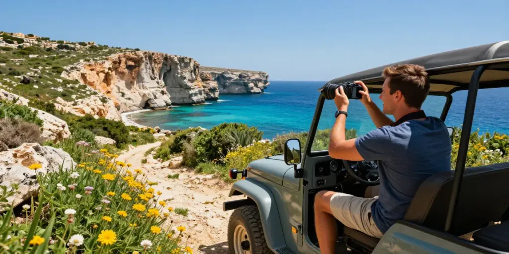 Exciting gozo jeep tour showcasing a traveler exploring Gozo's stunning landscape.