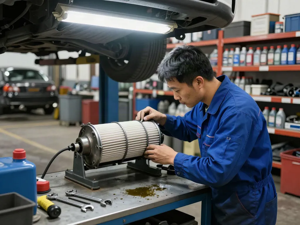 Mechaniker reinigt DPF effektiv in der Werkstatt.