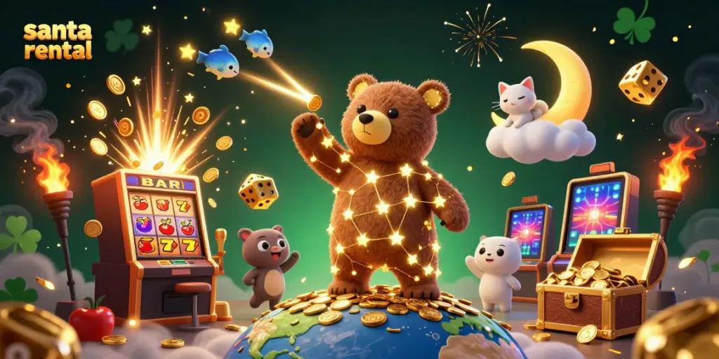 Experience the holiday magic with a vibrant scene of a Santa rental amidst casino elements.