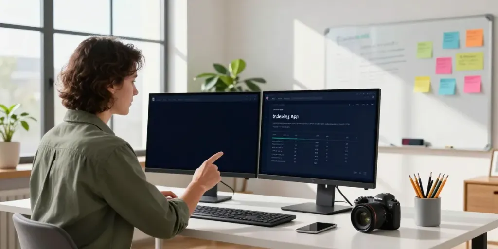 Professional using instant indexing tools for SEO optimization in a modern office.
