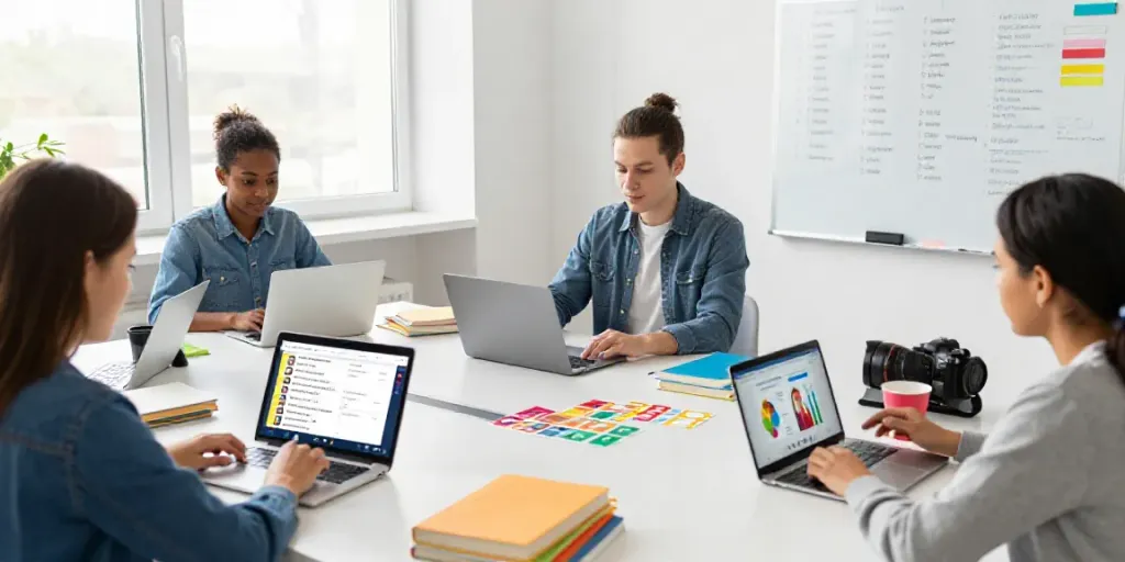 Students actively engaged in online language learning activities on the Situs toto platform, surrounded by interactive materials.