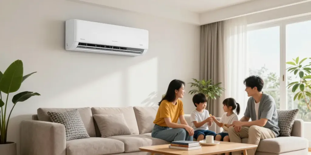 Stylish mini split of air conditioner cooling a modern home living room.
